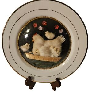 Vintage 3D Woolwork Chicken Shadowbox Charger Plate Cottagecore Felt Hen Chicks